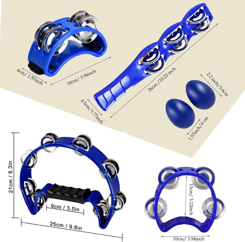 MOONBACK Tambourine, 4 Bells Tambourine, Foot Tambourine, Metal Jingles Hand Held Percussion,Tambourine For Adults,Half Moon Tambourine And Egg Shakers, Tambourine Stick Blue - Image 2